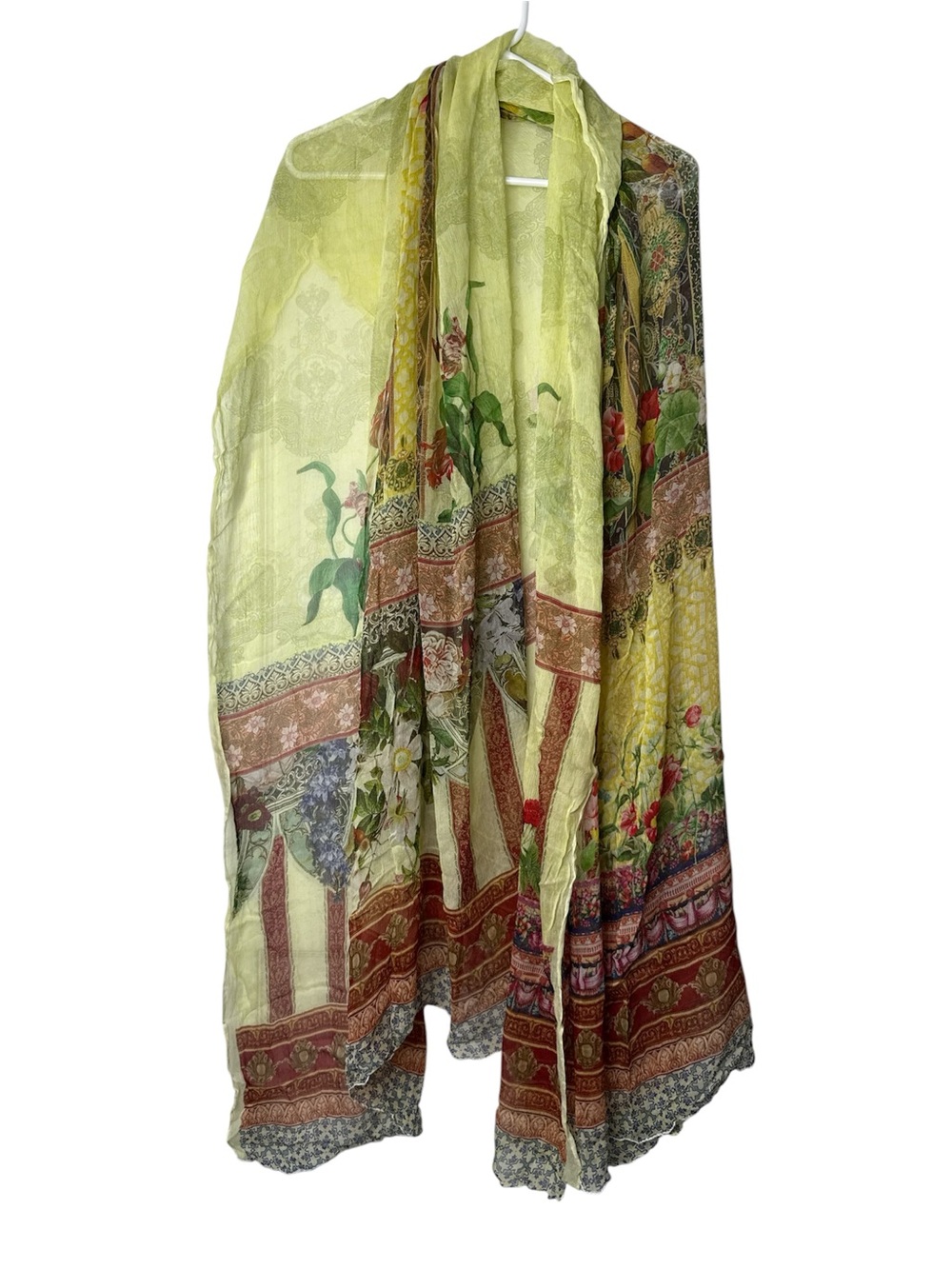Cottagecore Women’s Scarf Shawl Wrap Sheer Yellow & Flowers Floral Boho Whimsy